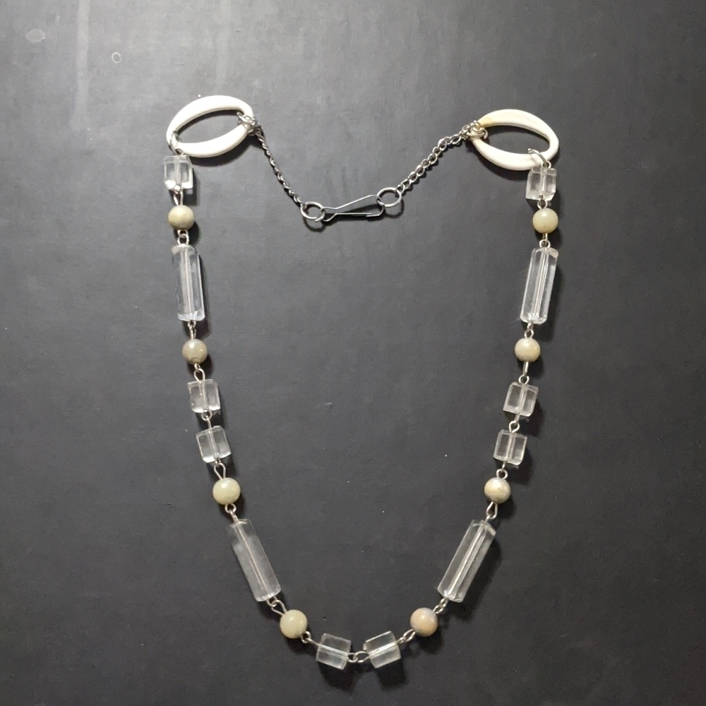 Silver Tone White and Clear Geometric Beaded Statement Necklace